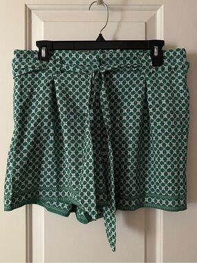 Max Studio Green print shorts w tie belt paper bag waist & pockets L NWT